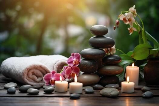 Pietre, asciugamani e candele per il benessere